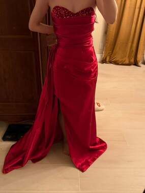 Strapless Ruched Red Satin Gown with Side Drape and Sequin Sweetheart Bodice